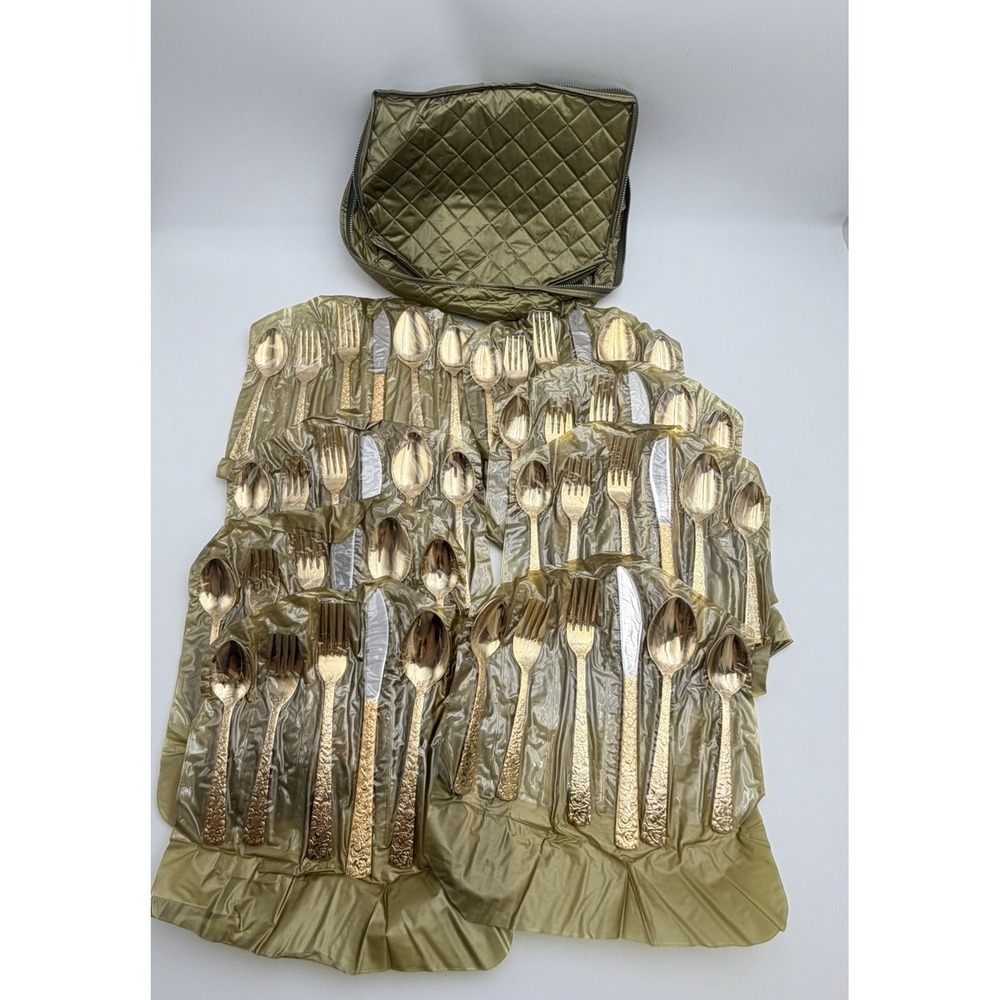 Cellini Romanesque Gold Flatware Silverware Service for 8 Case Japan MCM Retro